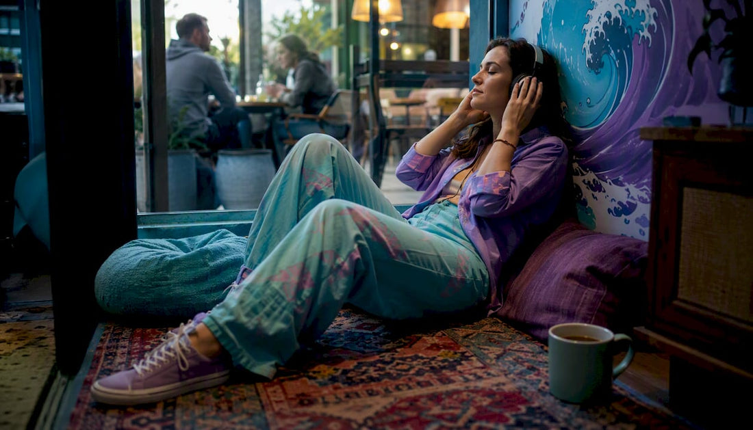 Woman listening mindfully to music with headphones