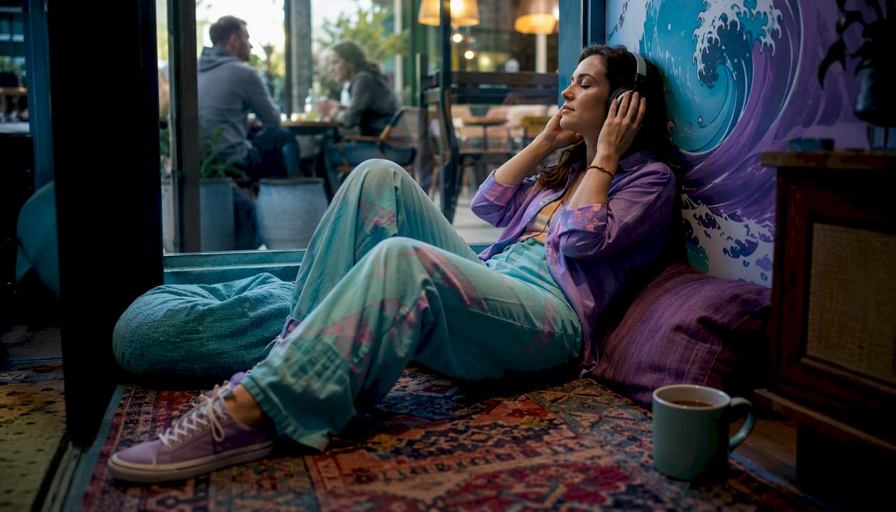 Woman listening mindfully to music with headphones