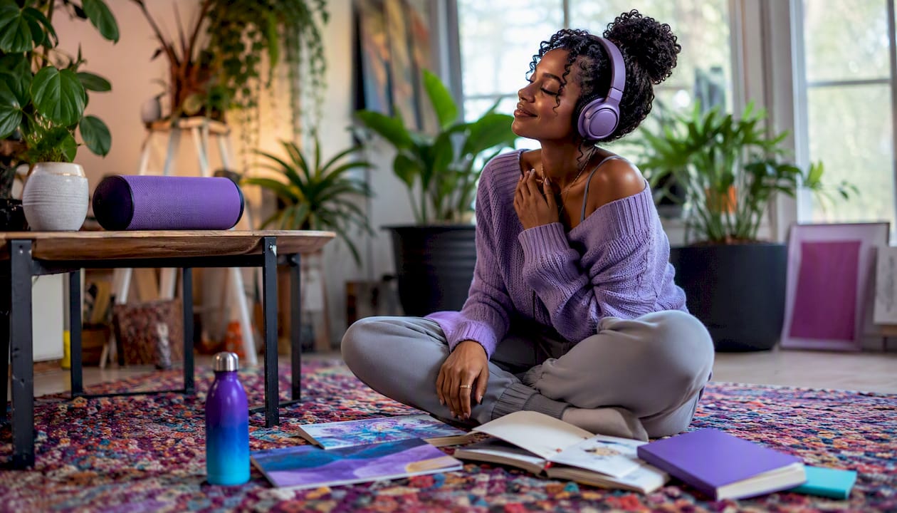 Woman listening to music at home