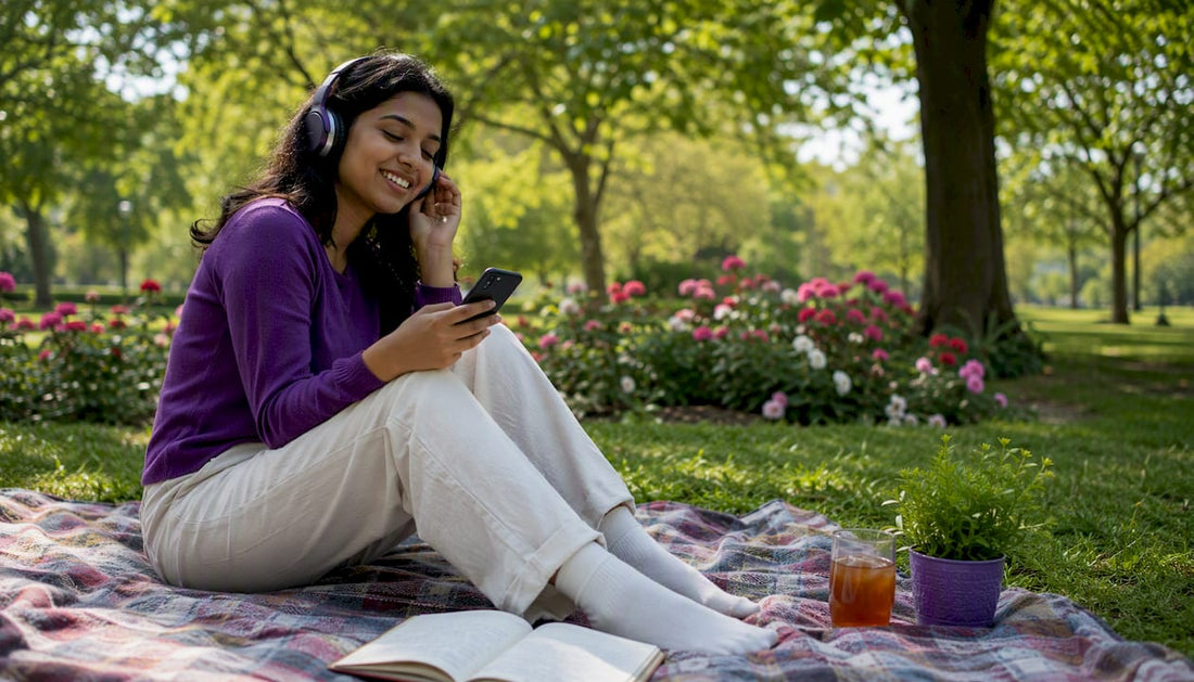 Woman enjoying gratitude songs at home