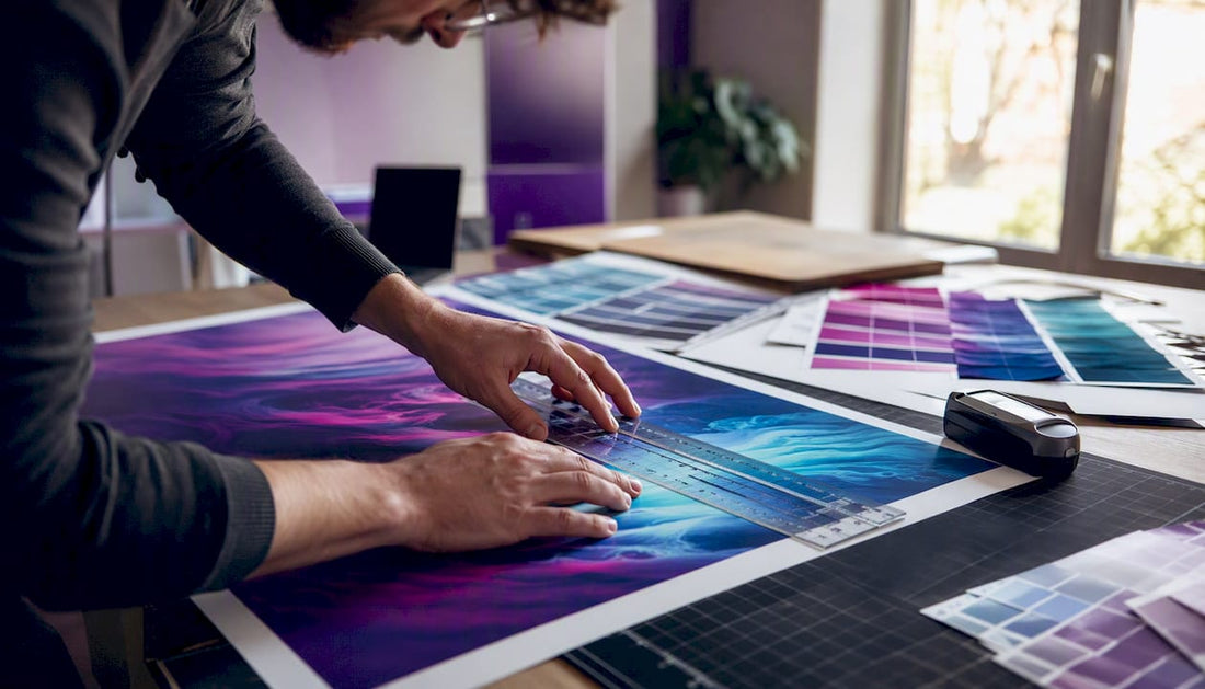Hands measuring a printed poster on desk