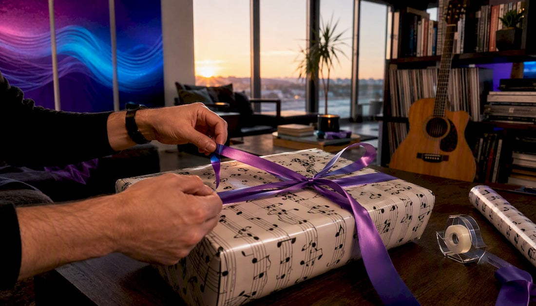 Hands wrapping music-themed gift box