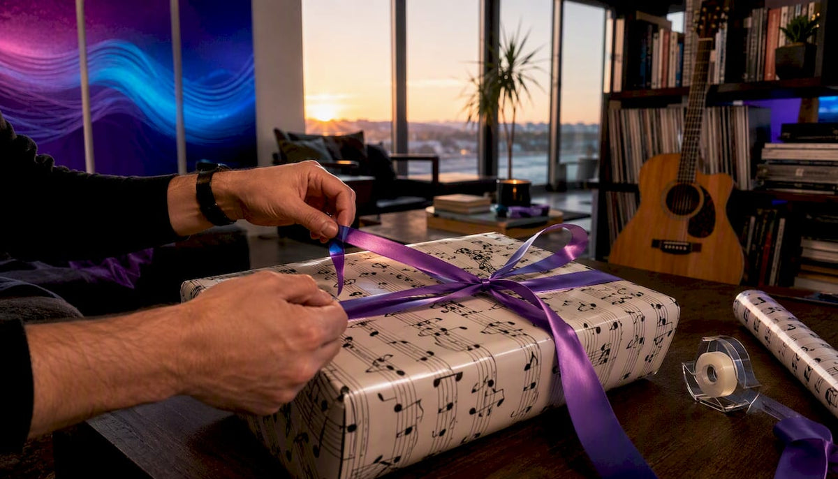 Hands wrapping music-themed gift box