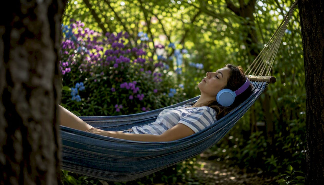 Person peacefully listening to music with headphones outdoors