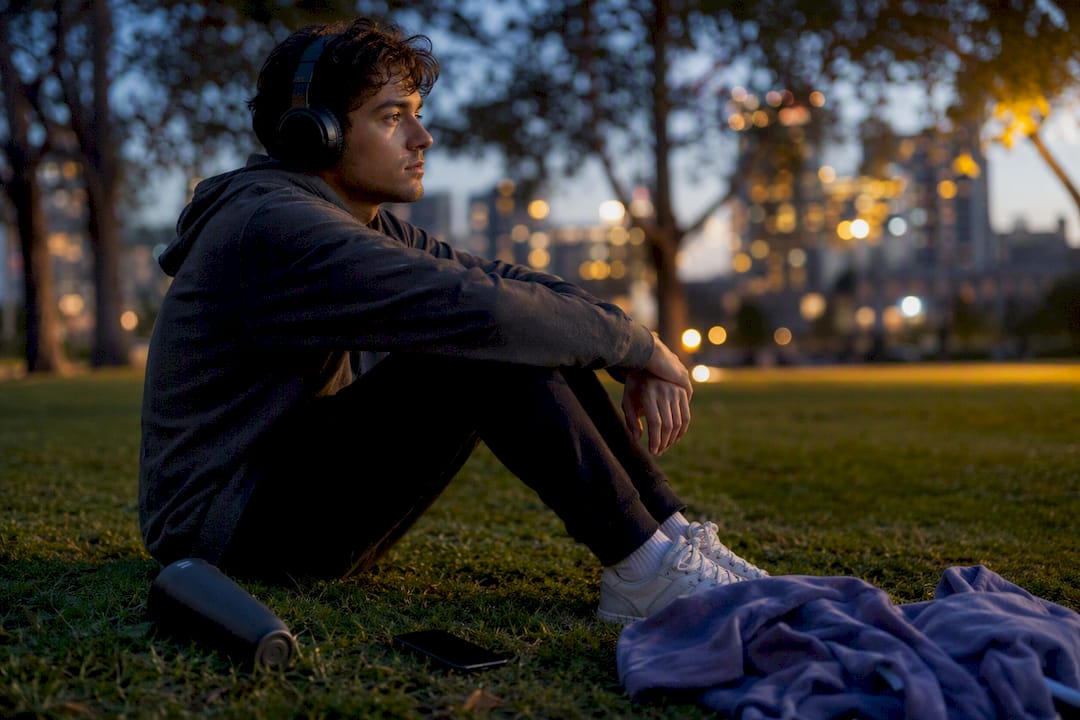 Person listening to apology song on headphones