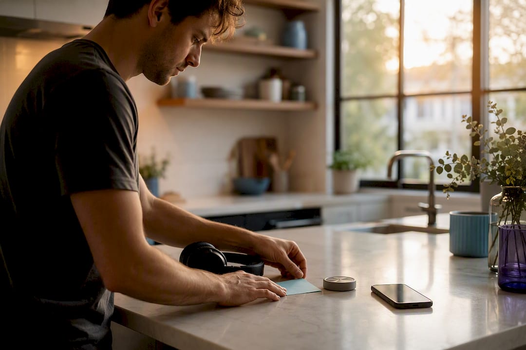 Hands setting up timer and sticky note on desk