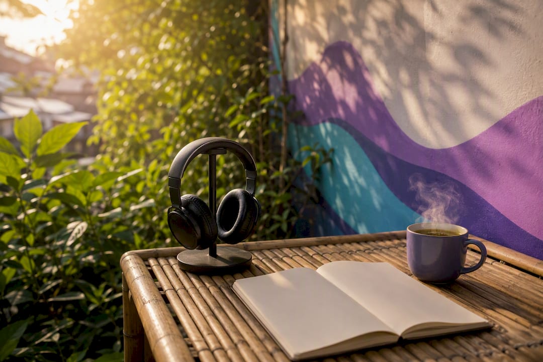 Quiet music listening setup with headphones and tea