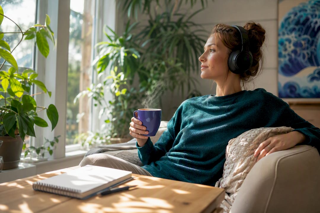 Person holding headphones in living room