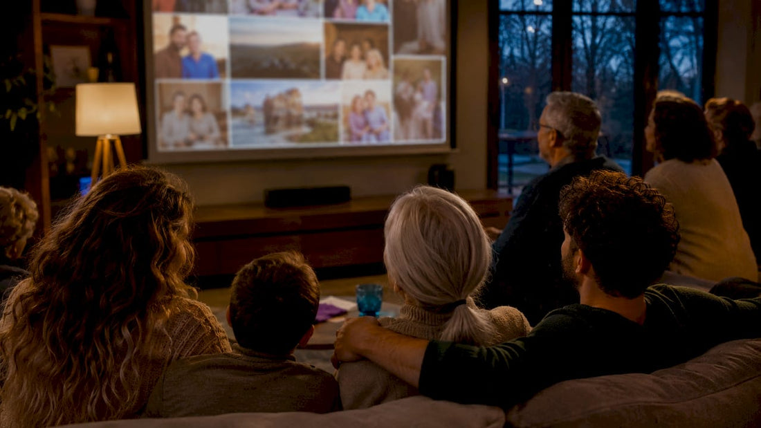 Family watching a reunion slideshow together