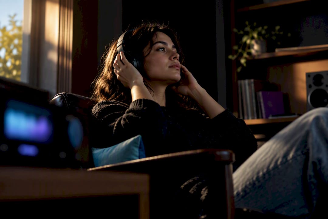Listener enjoying calming music through headphones