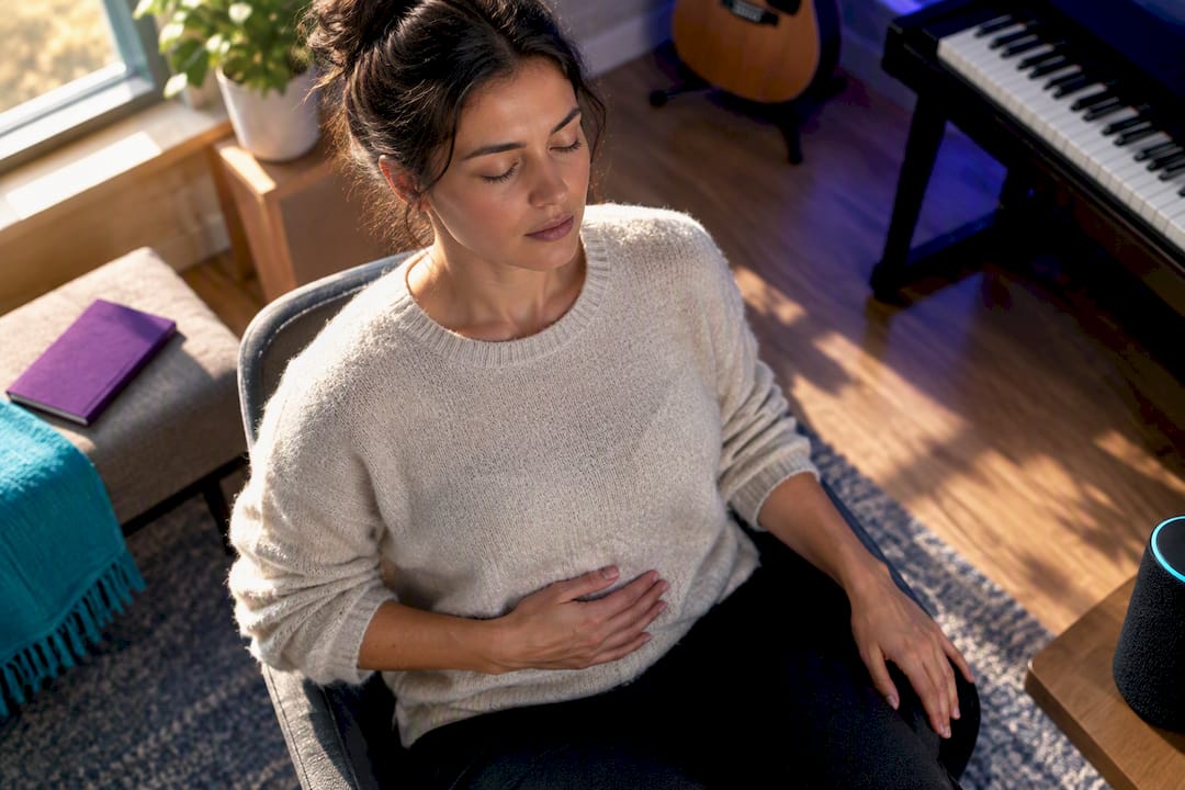 Adult practicing paced breathing with music