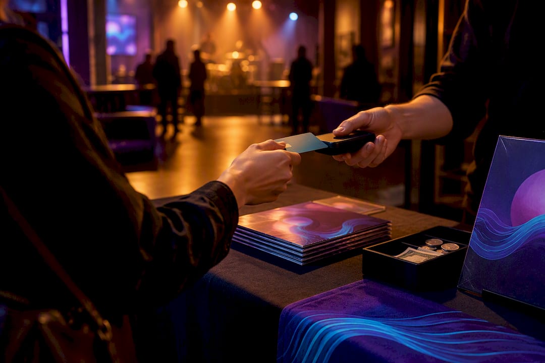Fan making purchase at artist merch table