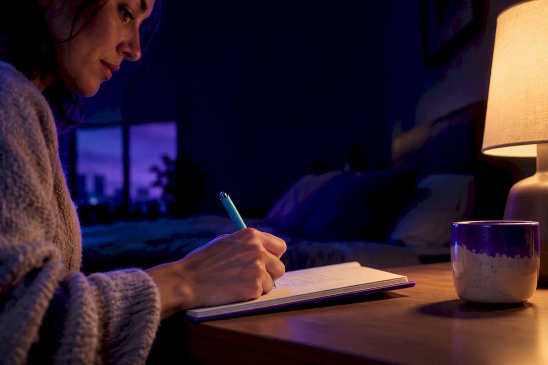 Person writing evening reflections before sleep