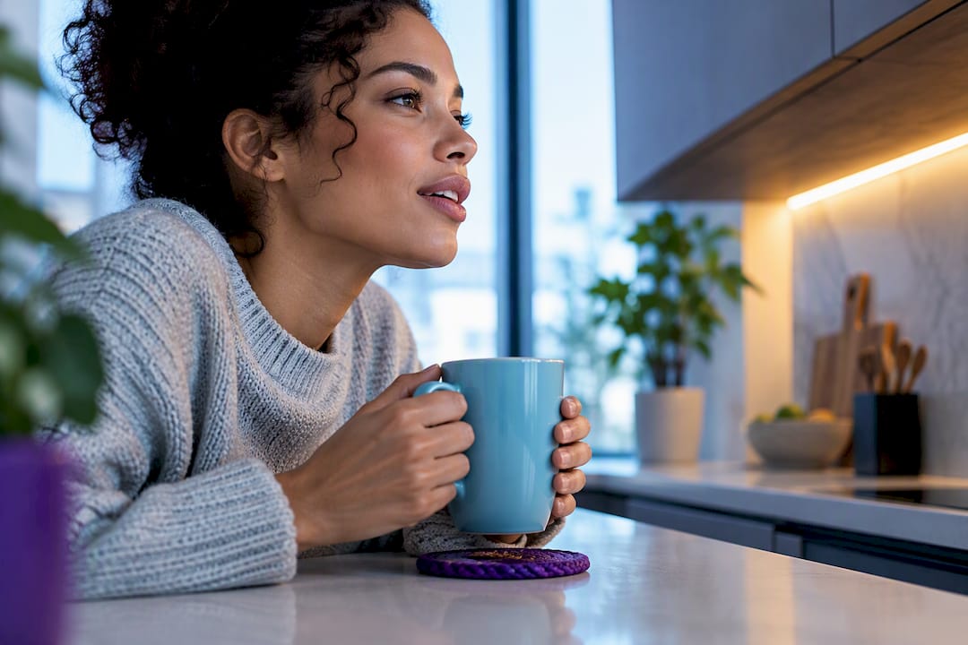 Person speaking a mantra beside morning coffee