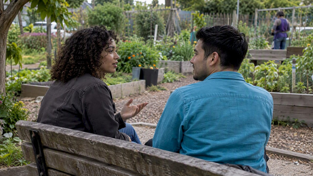 Two people practicing attentive listening outdoors