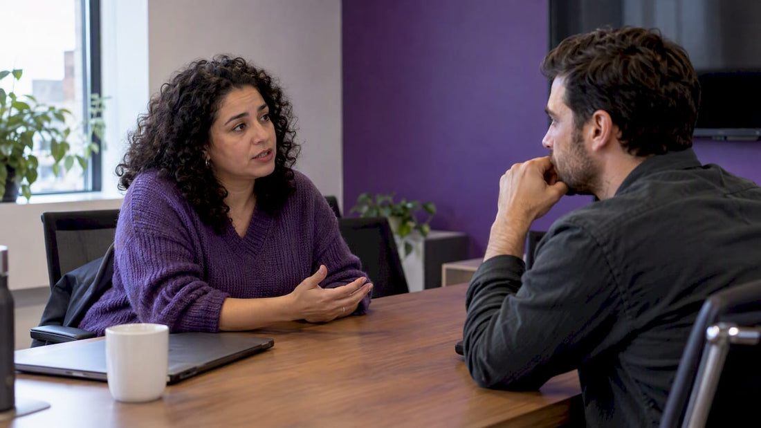 Colleagues talking after a tense meeting
