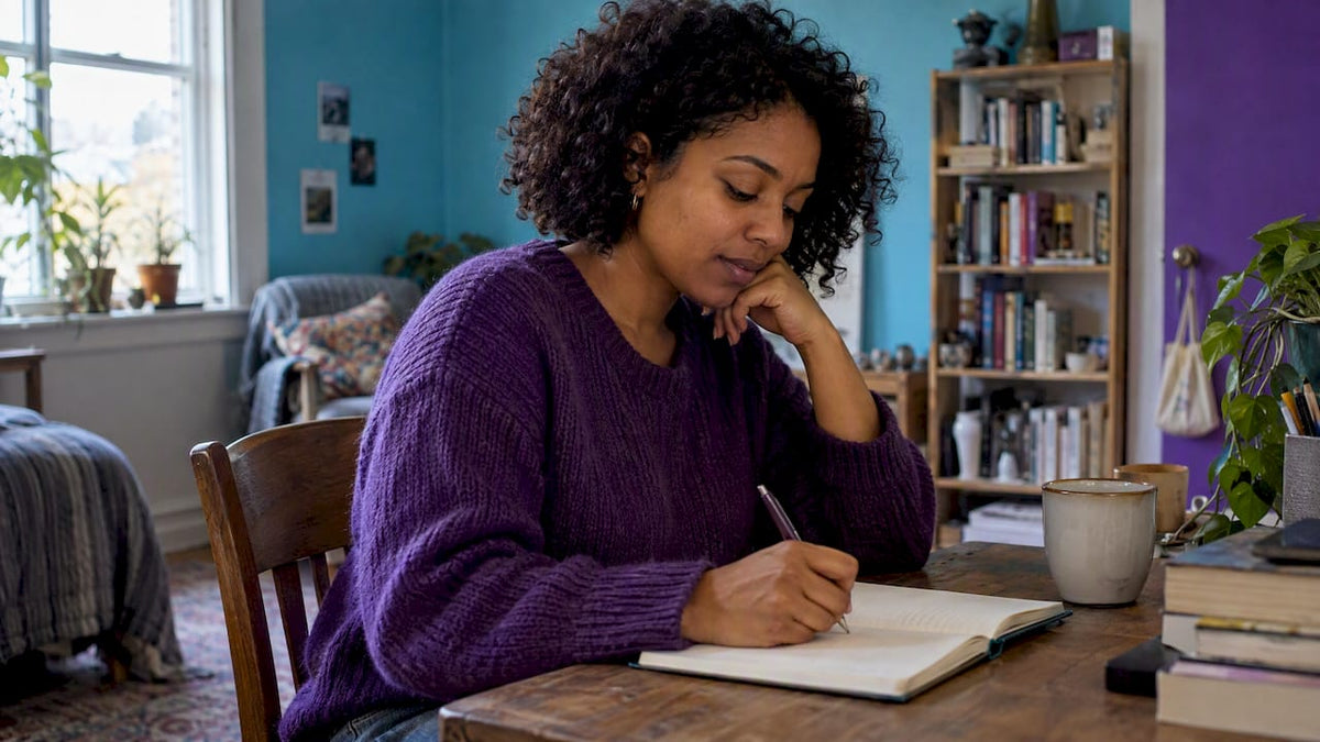 Woman pausing while writing about her feelings