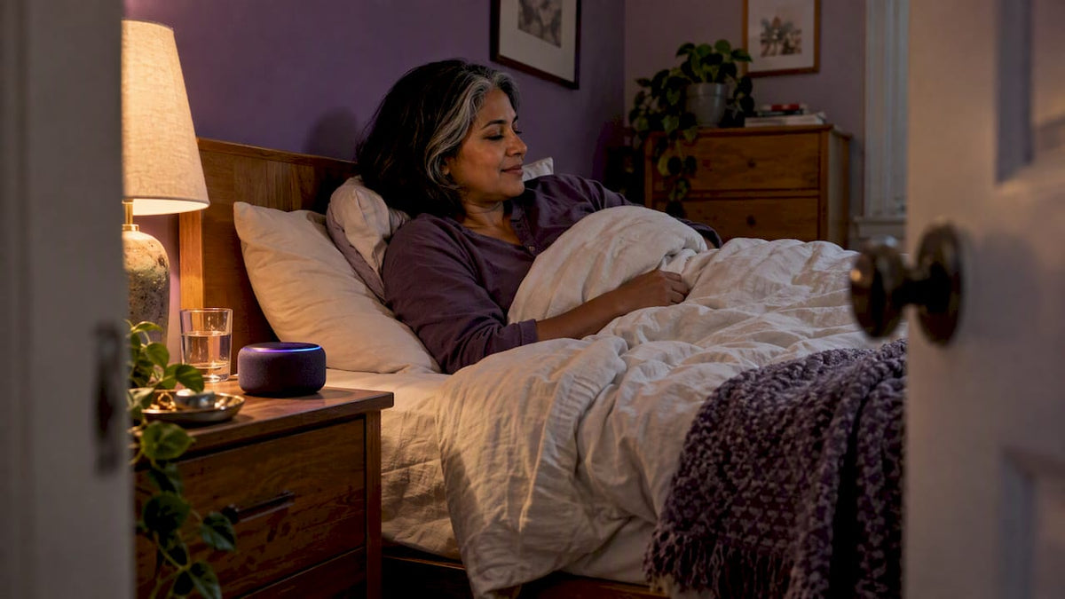 Woman settling into bed with soft music
